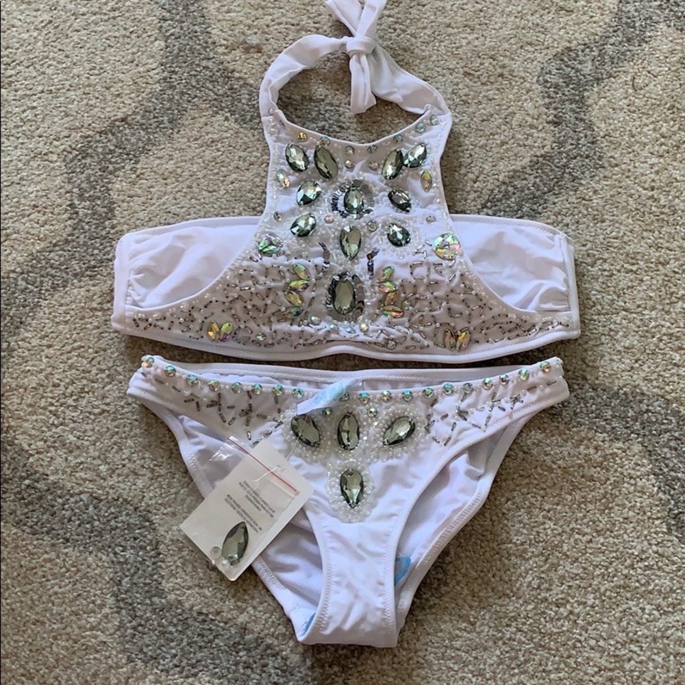 (Never worn) Embellished white bandeau bikini